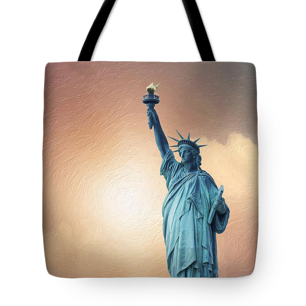'cityscapes And Skylines' Collection By Serge Averbukh Tote Bag featuring the digital art Liberty Enlightening the World by Serge Averbukh