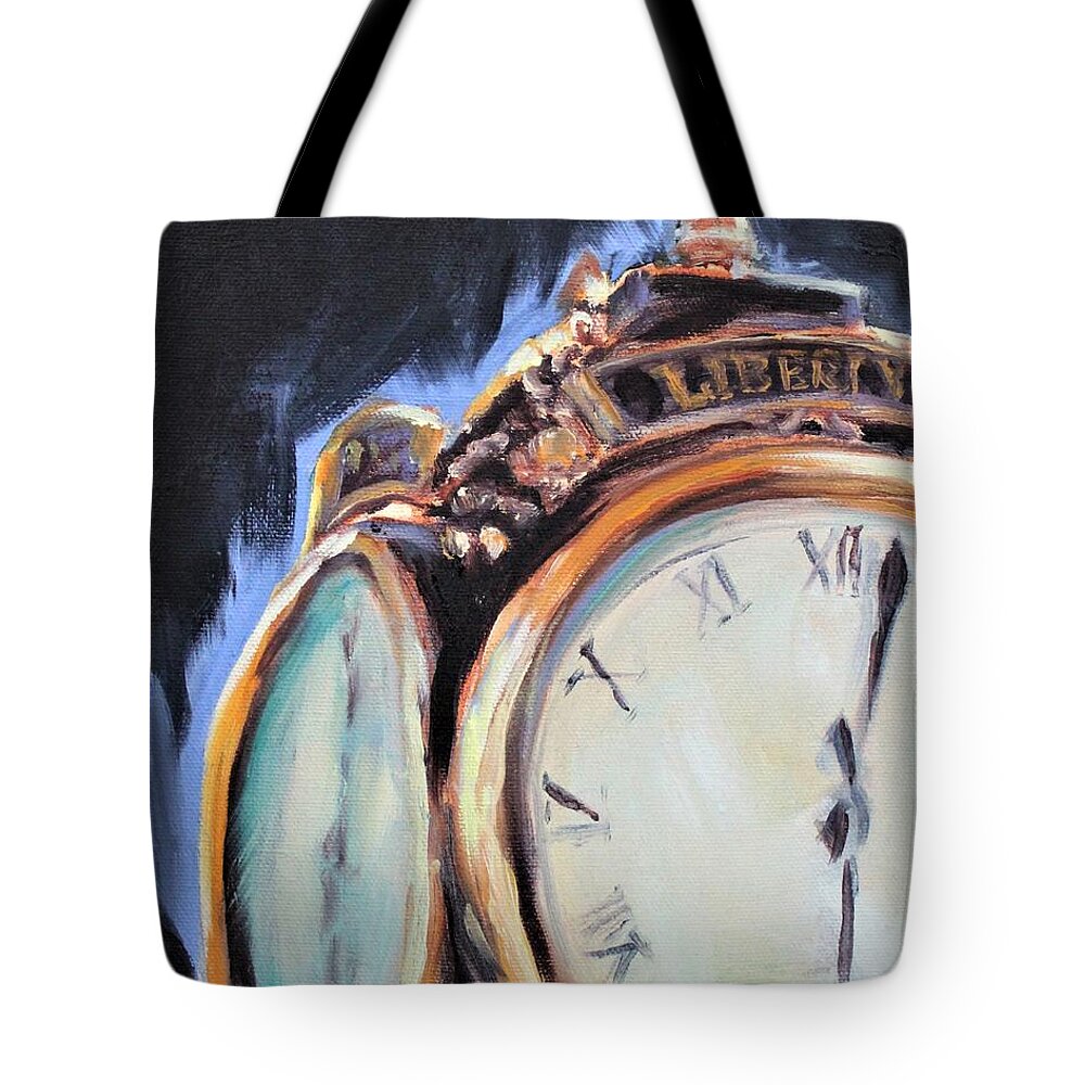 Clock Tote Bag featuring the painting Liberty I by Kathy Lynn Goldbach