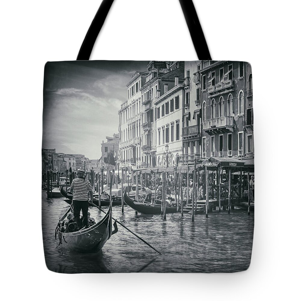 Venice Tote Bag featuring the photograph Life On The Grand Canal in Black and White by Carol Japp