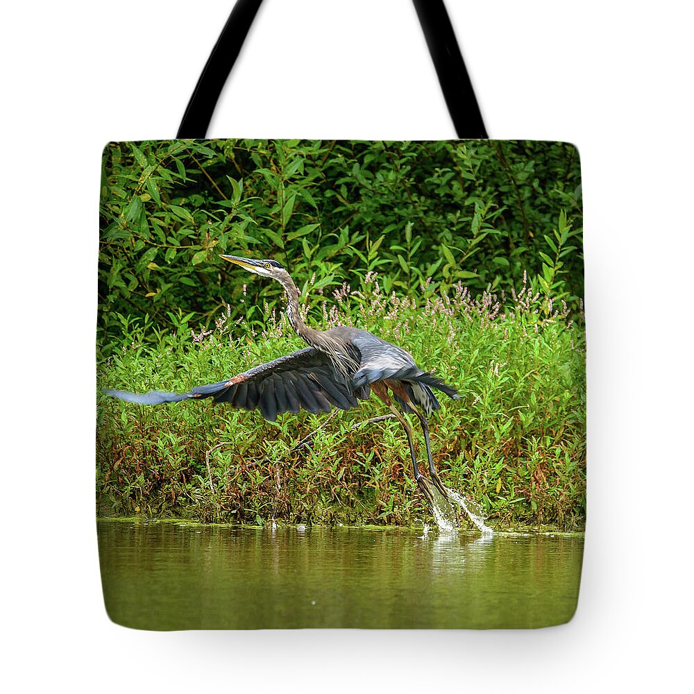 Heron Tote Bag featuring the photograph Liftoff by Jerry Cahill