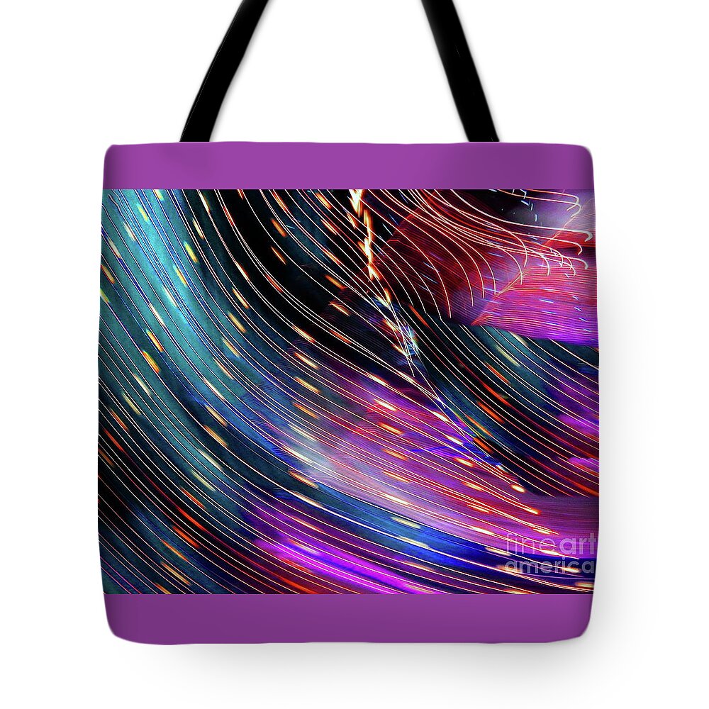 Light Beads Traveling Along Lit Strands Accompanied By Sheets Of Morphing Colors.accented By Darker Contrasting Areas Tote Bag featuring the photograph Light harp melody by Priscilla Batzell Expressionist Art Studio Gallery