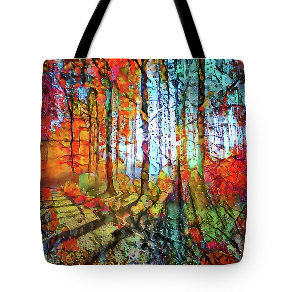 Light Through The Tree Tote Bag featuring the mixed media Light in the woods by Lilia S