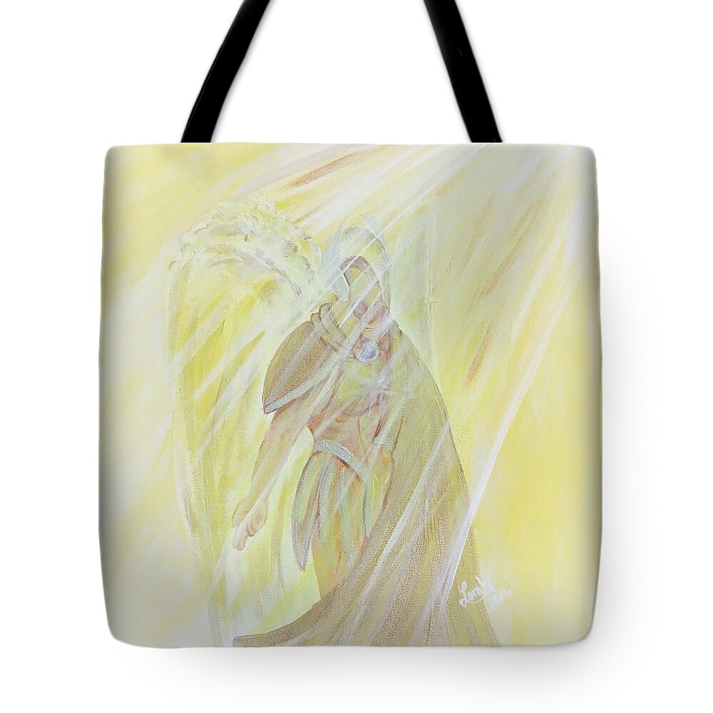 Archangel Uriel Tote Bag featuring the painting Light of God Surround Us by Lora Tout