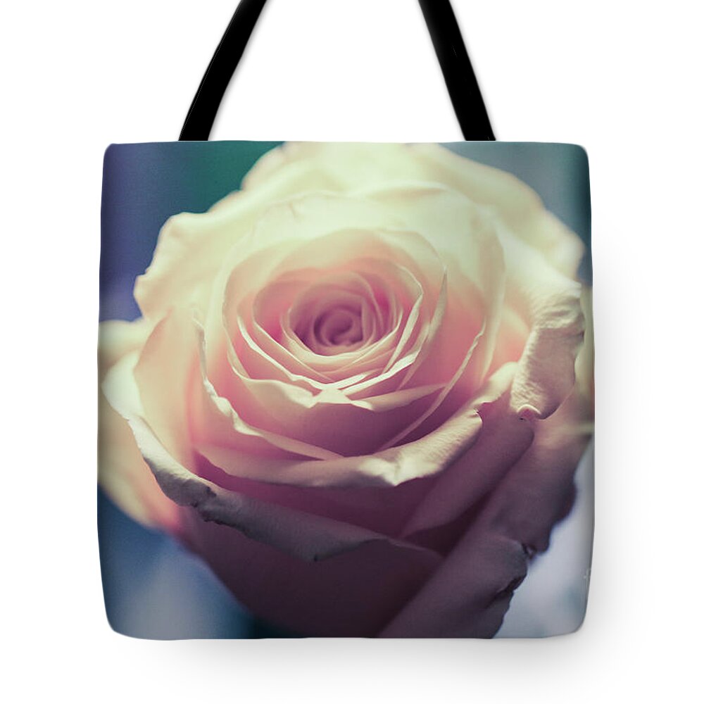 Art Tote Bag featuring the photograph Light Pink Head Of A Rose On Blue Background by Amanda Mohler