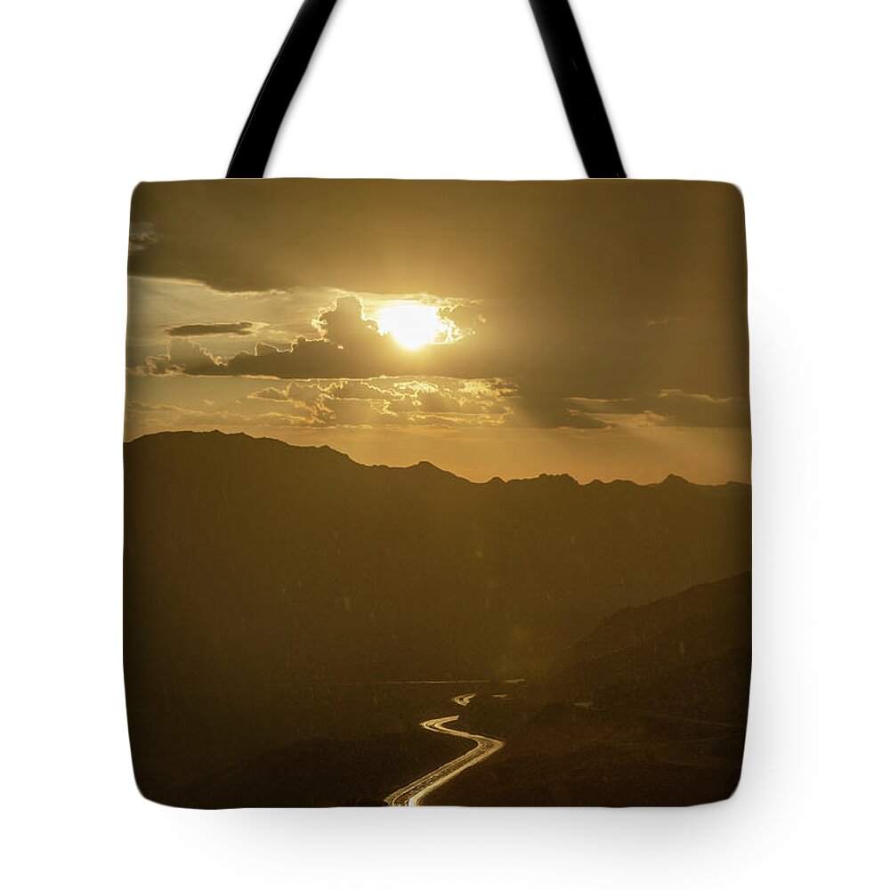 Arizona Tote Bag featuring the photograph Light up the highway in the rain by Gaelyn Olmsted