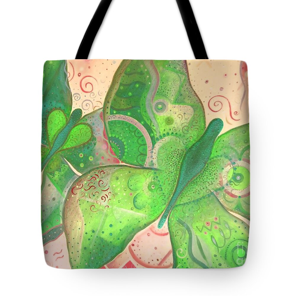 Moth Tote Bag featuring the painting Lighthearted In Green On Red by Helena Tiainen