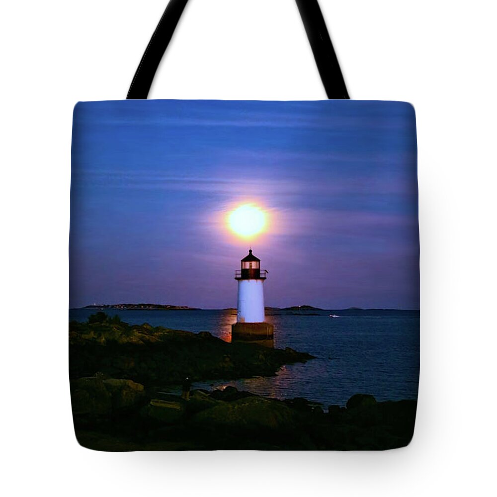 Lighthouse Tote Bag featuring the photograph Lighthouse and Full Moon by Lilia S