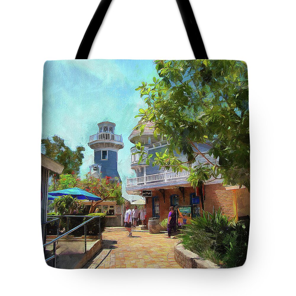 Cedric Hampton Tote Bag featuring the photograph Lighthouse At Seaport Village by Cedric Hampton