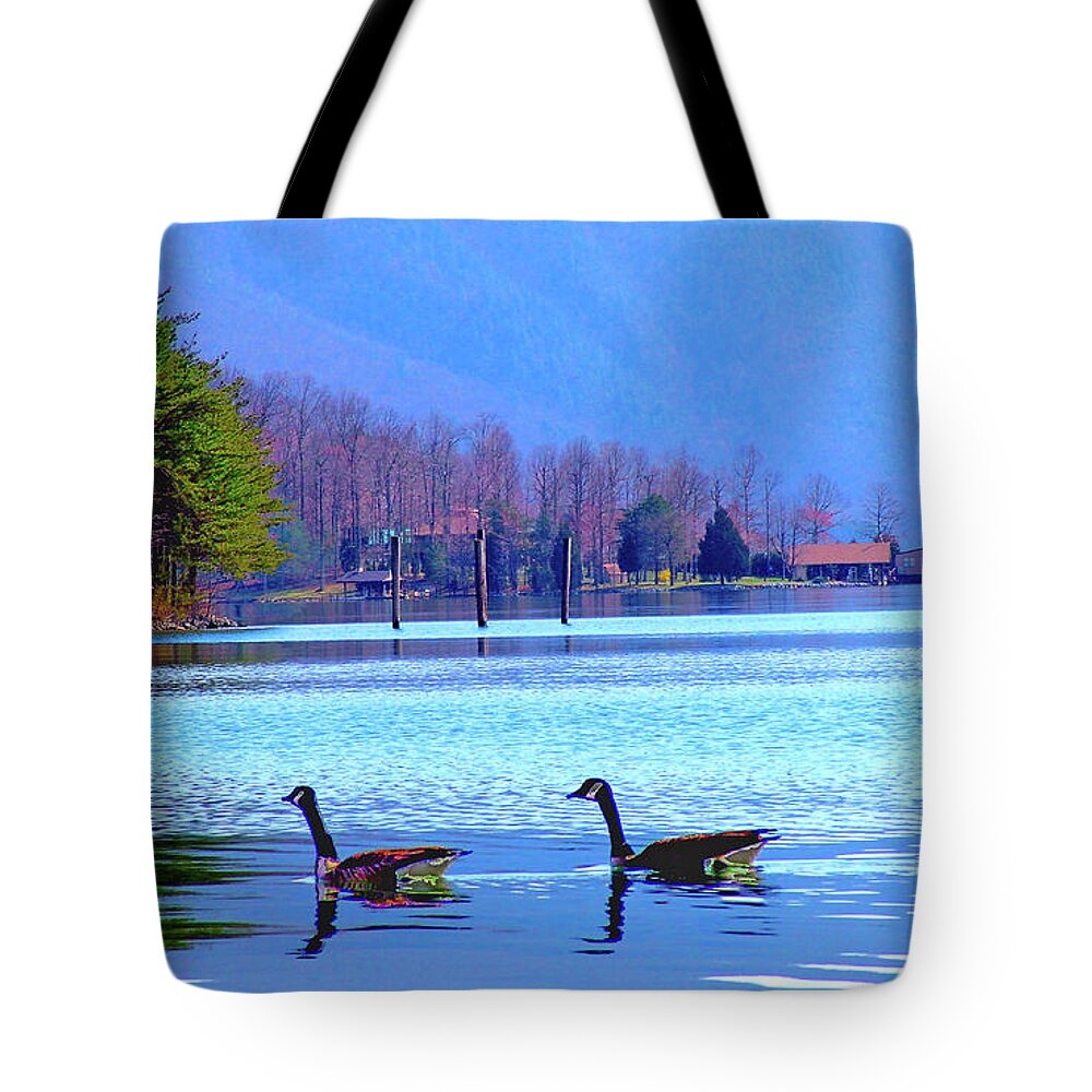 Lighthouse Tote Bag featuring the photograph Lighthouse Geese, Smith Mountain Lake by The James Roney Collection