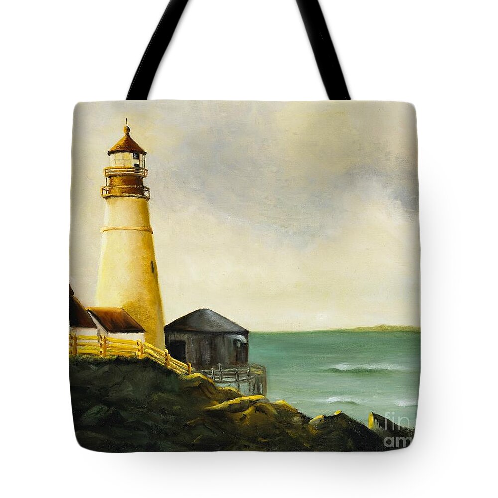 Landscape Tote Bag featuring the painting Lighthouse in Oil by Marlene Book