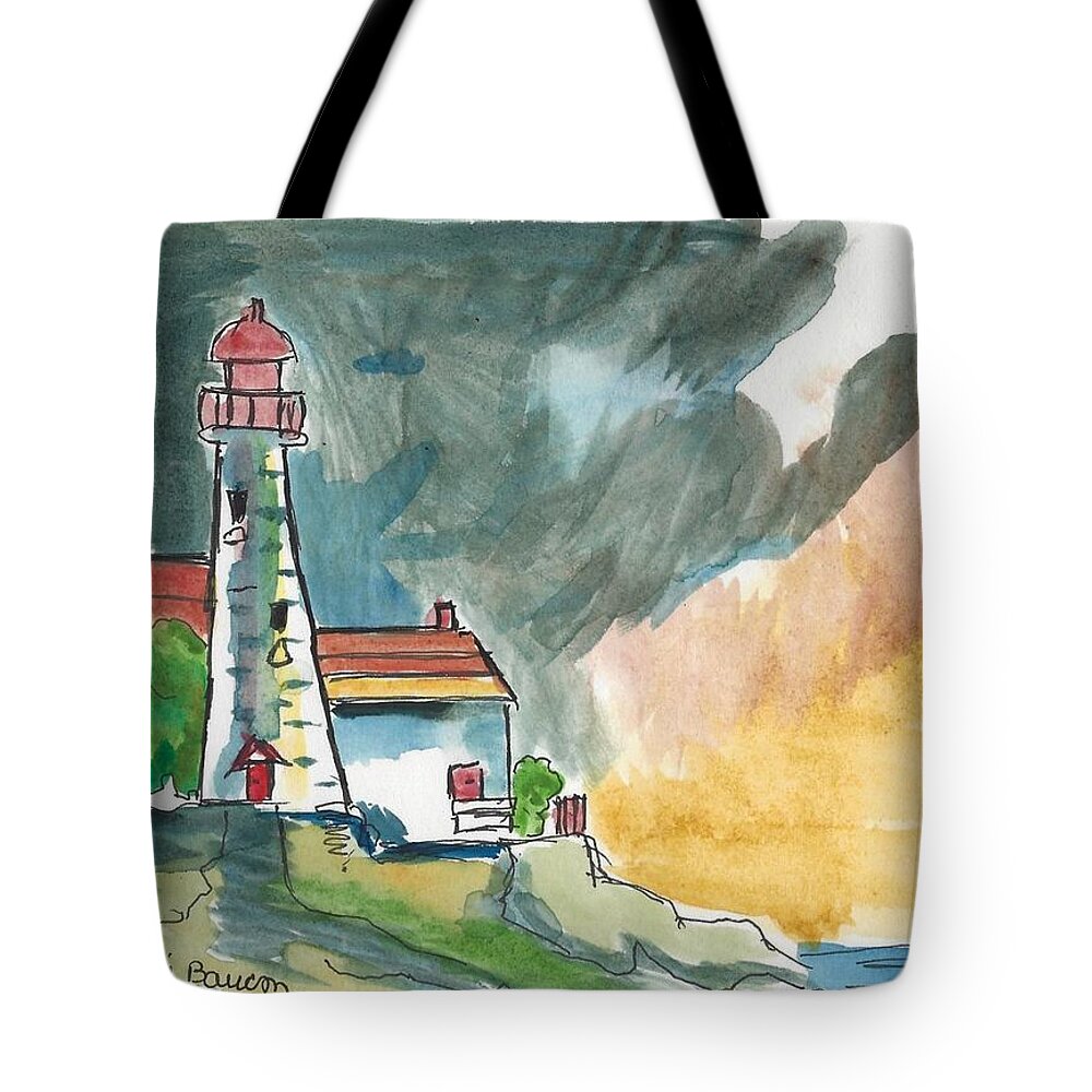 Watercolor Tote Bag featuring the painting Lighthouse on the Hill Part Deux by Ali Baucom
