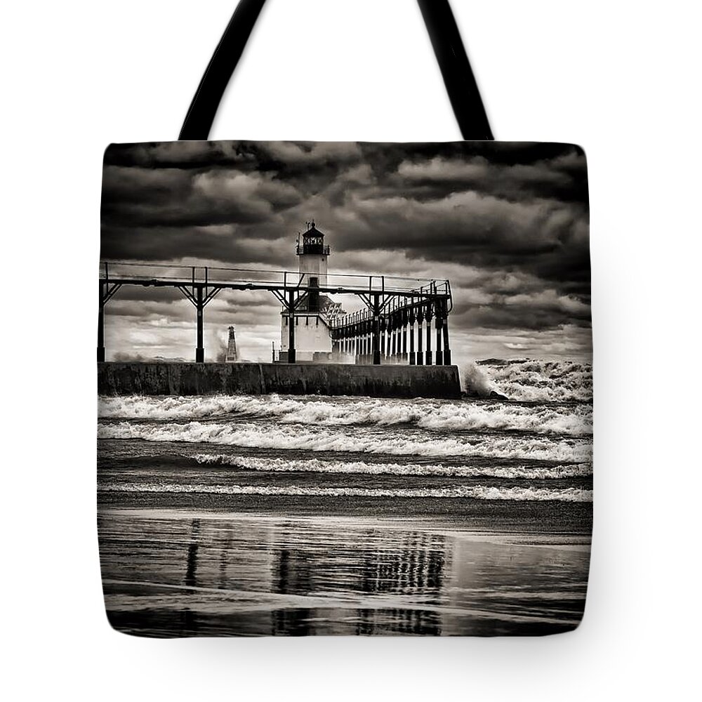 Reflections Tote Bag featuring the photograph Lighthouse Reflections in Black and White by Scott Wood