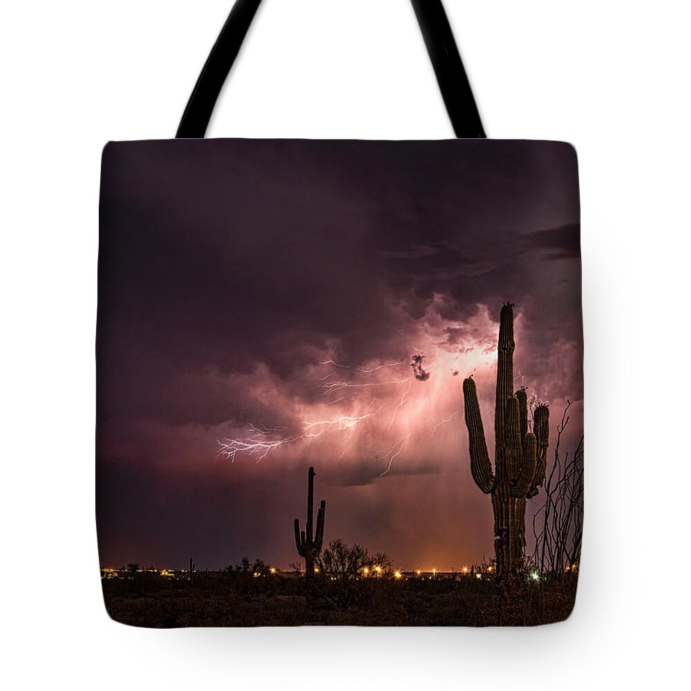 Lightning Tote Bag featuring the photograph Lighting Up The Desert Night by Saija Lehtonen