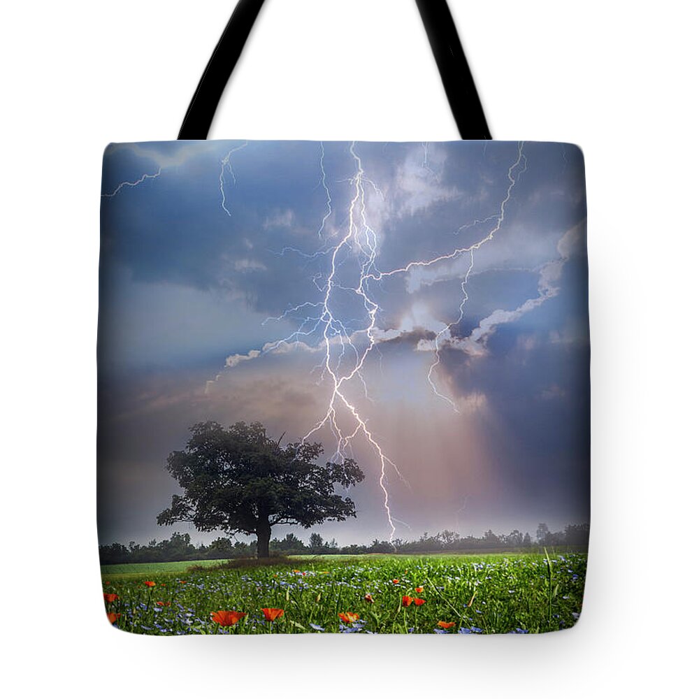 Barn Tote Bag featuring the photograph Lightning at Sunset After the Rain by Debra and Dave Vanderlaan