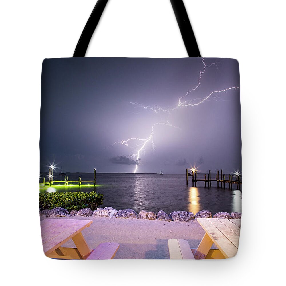 Photosbymch Tote Bag featuring the photograph Lightning over Buttonwood Sound by M C Hood