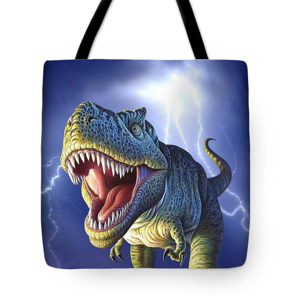 T-rex Tote Bag featuring the digital art Lightning Rex by Jerry LoFaro
