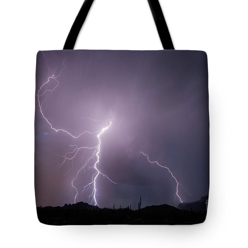Monsoon Tote Bag featuring the photograph Lightning Storm Peralta Rd Gold Canyon AZ by Joanne West
