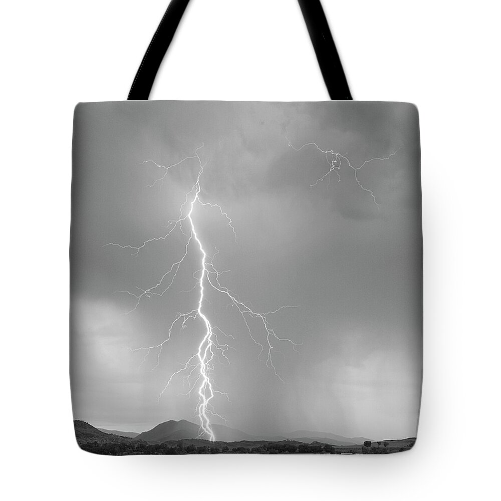July Tote Bag featuring the photograph Lightning Strike Colorado Rocky Mountain Foothills BW by James BO Insogna