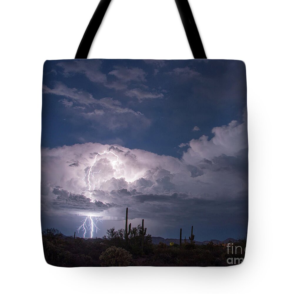 Arizona Tote Bag featuring the photograph Lightning Thru Clouds Arizona by Joanne West