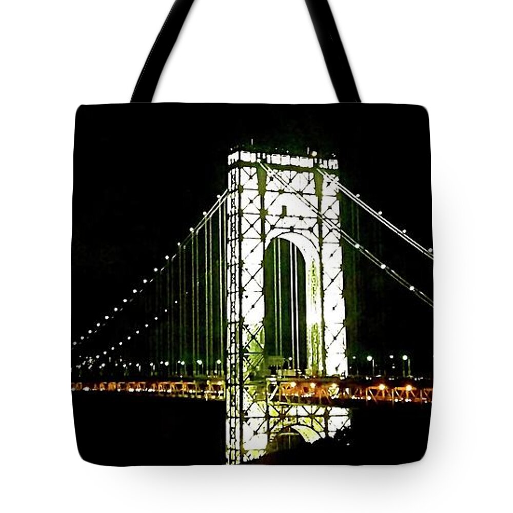  New York Skyline Tote Bag featuring the photograph Lights at George Washington Bridge by Ydania Ogando