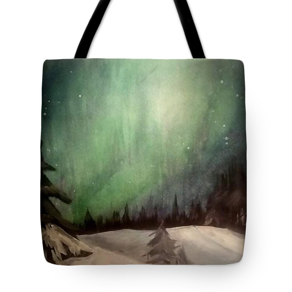 Winter Snow Aurora Lights Tote Bag featuring the painting Lights by Carole Hutchison