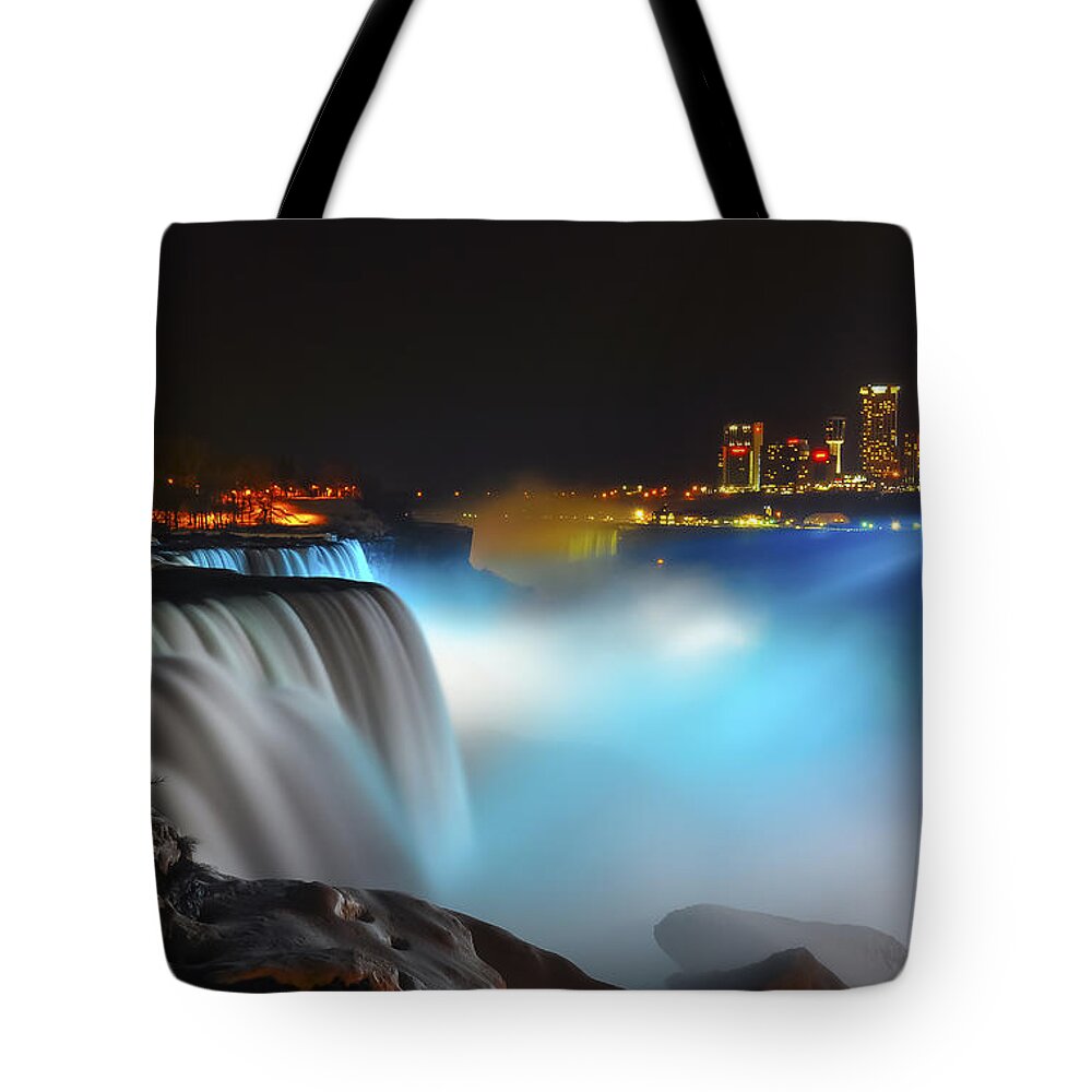 Niagara Falls Tote Bag featuring the photograph Lightshow 2 by Mark Papke