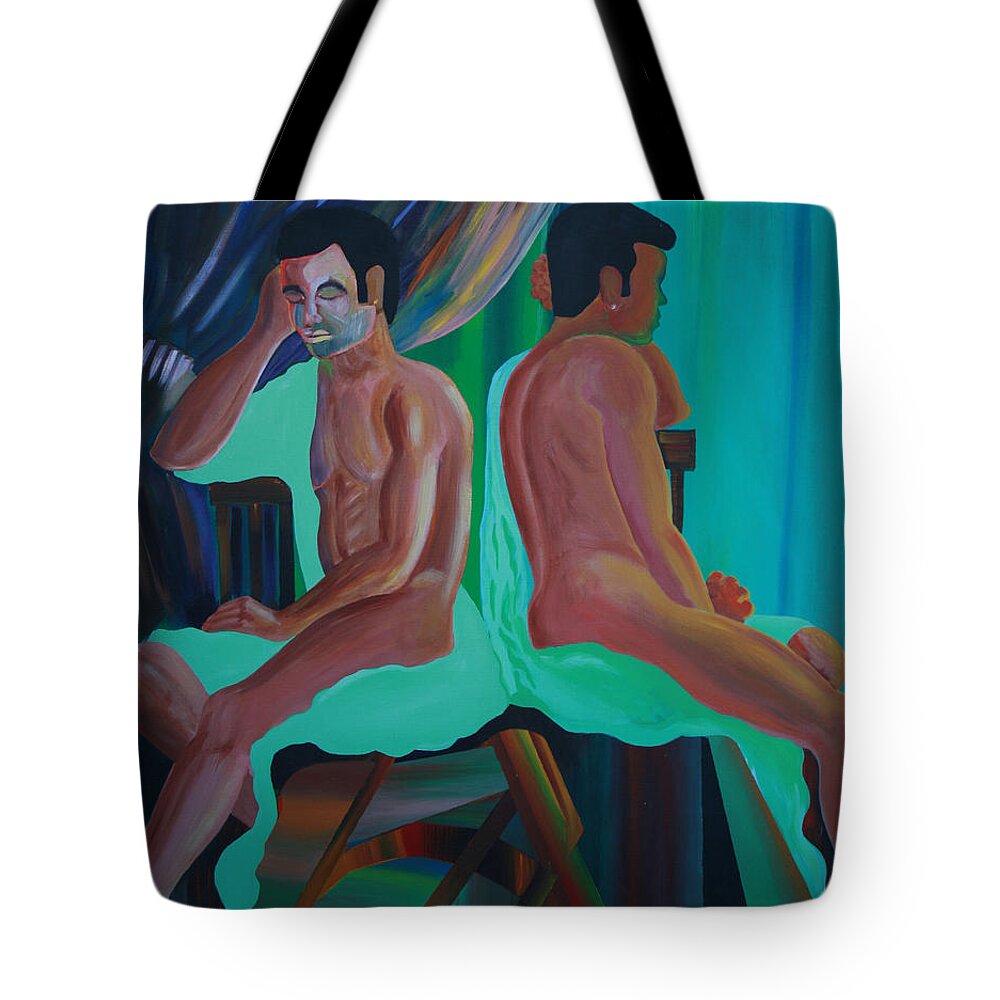 Like Poles Tote Bag featuring the painting Like Poles by Obi-Tabot Tabe