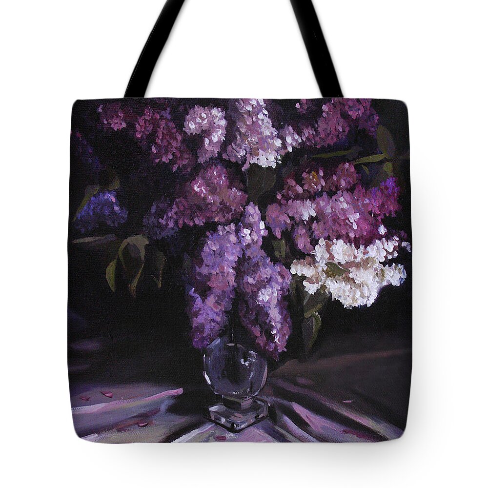 Floral Tote Bag featuring the painting Lilacs by Nancy Griswold