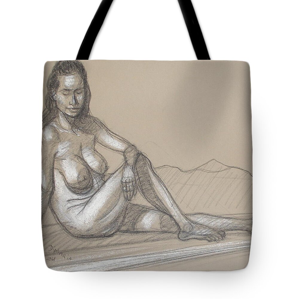 Realism Tote Bag featuring the drawing Liliana Reclining 3 by Donelli DiMaria