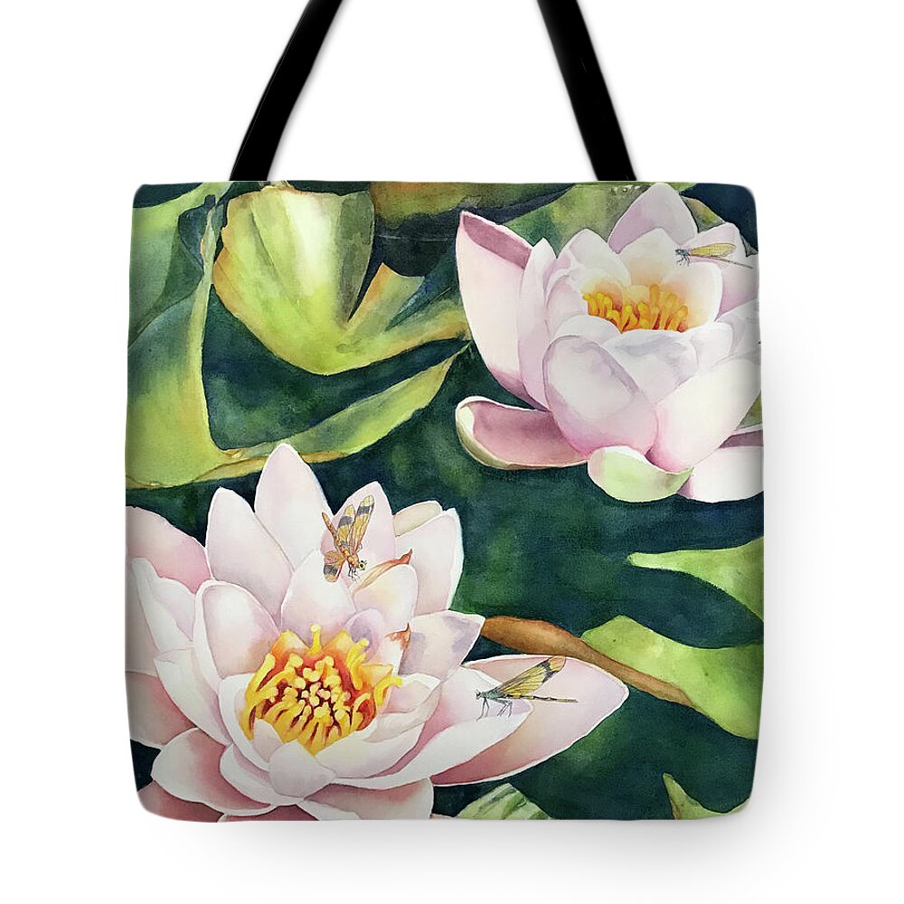 Lily Tote Bag featuring the painting Lilies and Dragonflies by Hilda Vandergriff