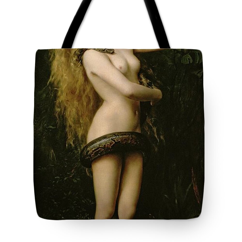 Nude; Female; Snake; Long Hair; Pre-raphaelite; Lilith Tote Bag featuring the painting Lilith by John Collier