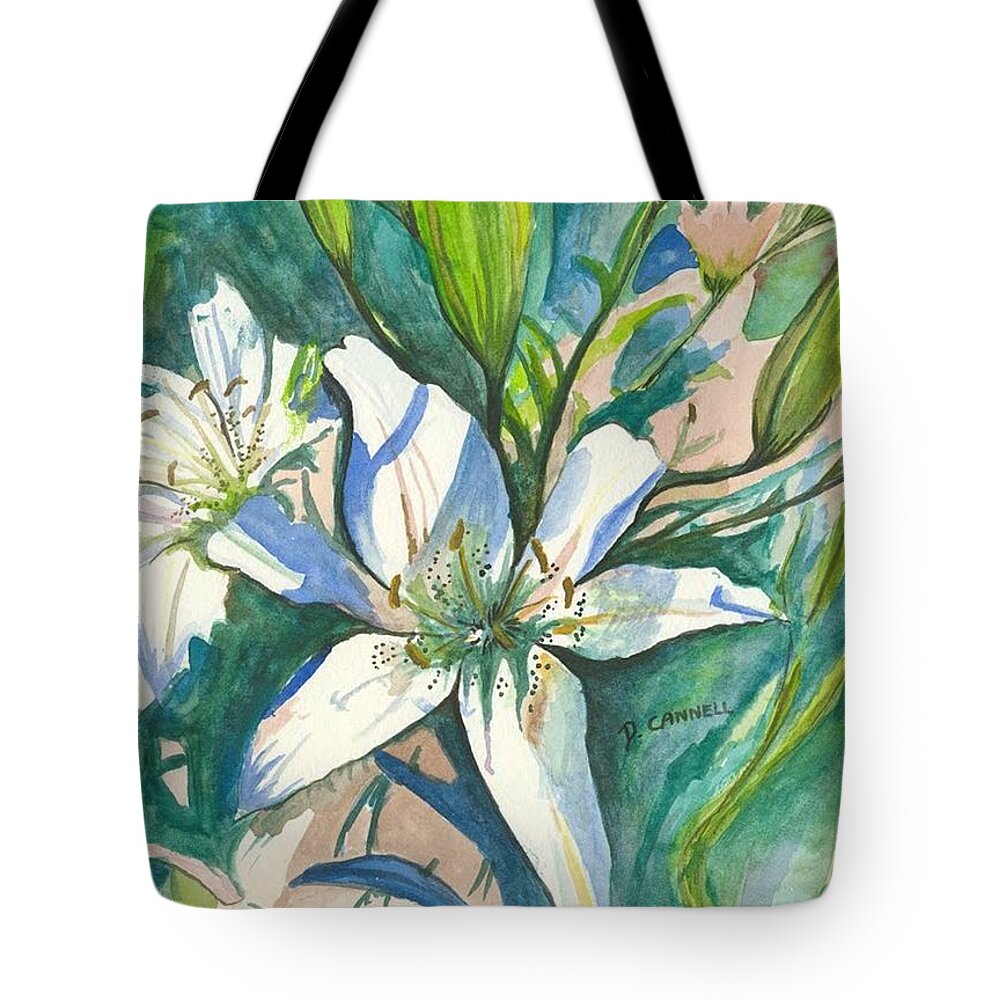 Two Tote Bag featuring the painting Lillies two by Darren Cannell