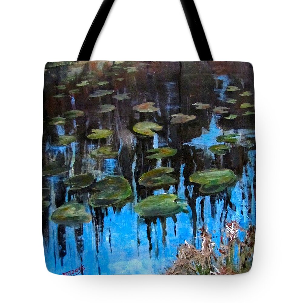Acrylic Tote Bag featuring the painting Lilly Pads and Reflections by Barbara O'Toole