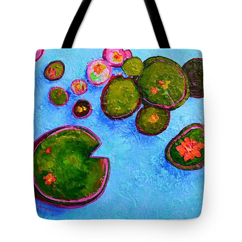 Lily Pads Waterlilies Modern Impressionist Landscape Palette Knife Artwork Unique Art Tote Bag featuring the painting Lily Pads Waterlilies Pond Modern Impressionist Landscape palette knife Artwork by Patricia Awapara