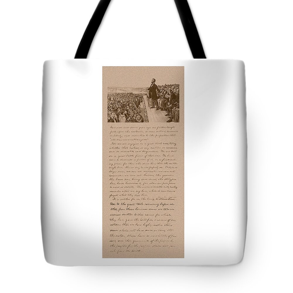 Abraham Lincoln Tote Bag featuring the mixed media Lincoln and The Gettysburg Address by War Is Hell Store