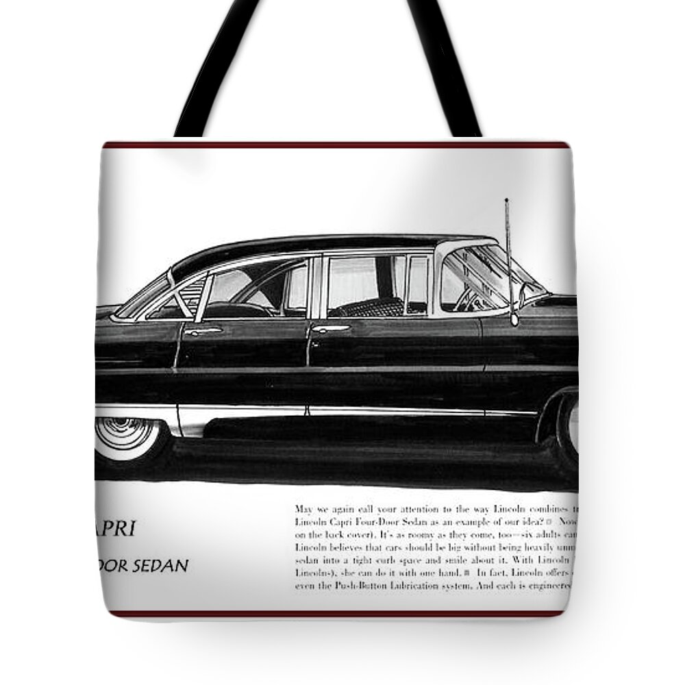 American Luxury Cars Tote Bag featuring the mixed media Lincoln Capri 1956 by Jack Pumphrey