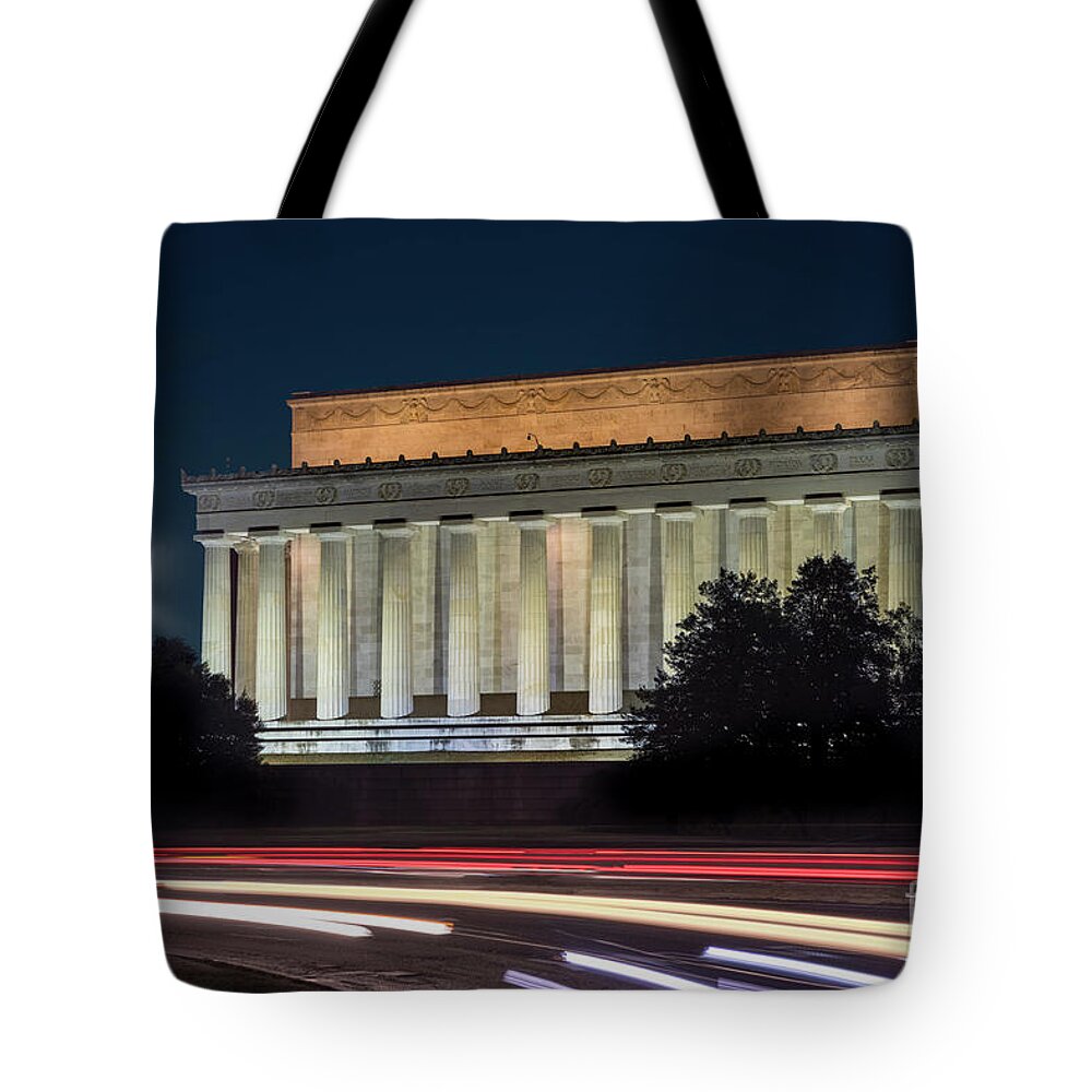 Architecture Tote Bag featuring the photograph Lincoln Memorial and Car Light Trails by Jerry Fornarotto
