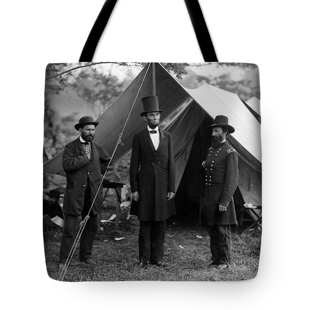 Allan Pinkerton Tote Bag featuring the photograph Lincoln with Allan Pinkerton - Battle of Antietam - 1862 by War Is Hell Store