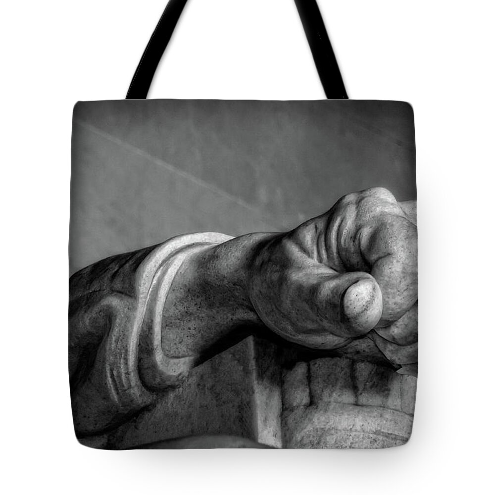 Lincoln Tote Bag featuring the photograph Lincoln's Left Hand B-W by Christopher Holmes