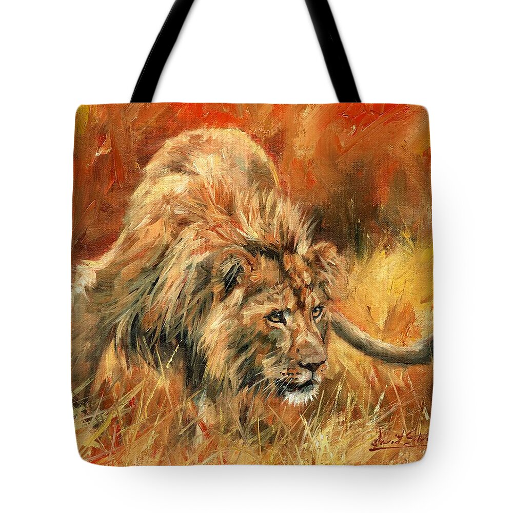 Lion Tote Bag featuring the painting Lion Alert by David Stribbling