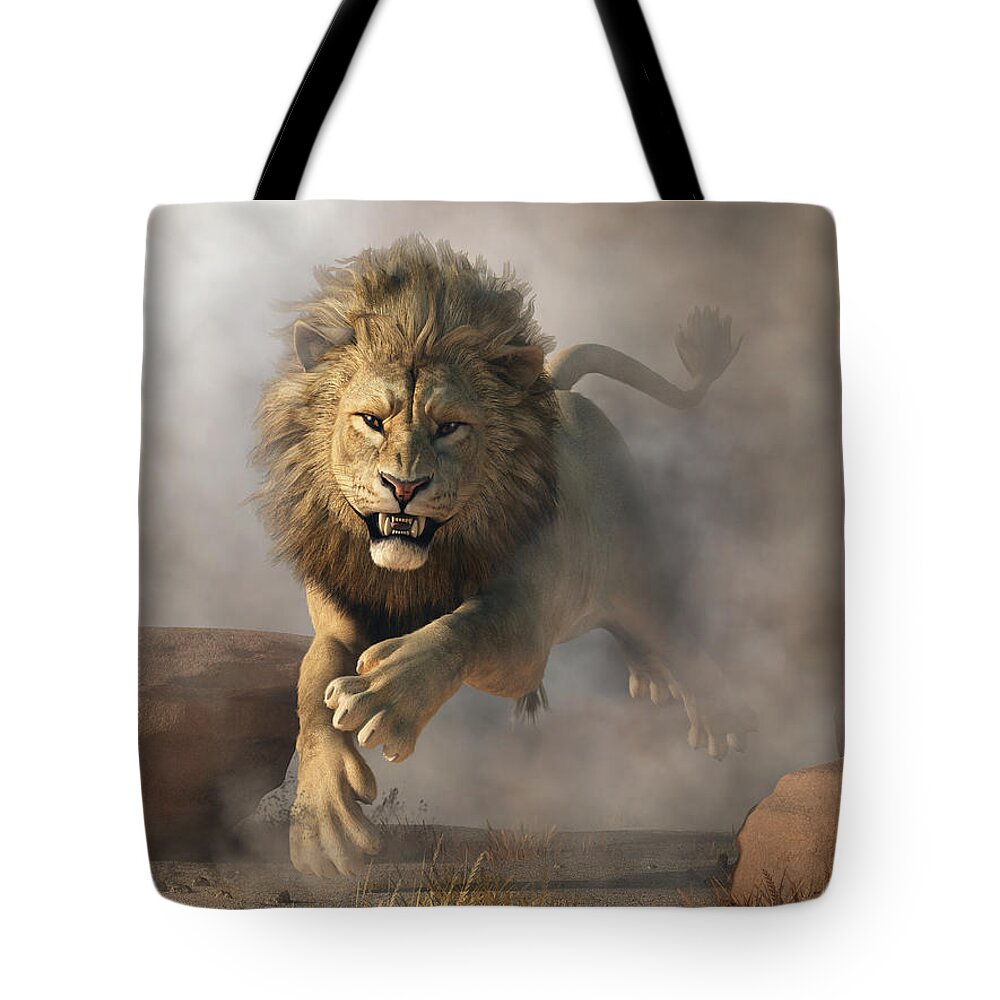 Lion Tote Bag featuring the digital art Lion Attack by Daniel Eskridge