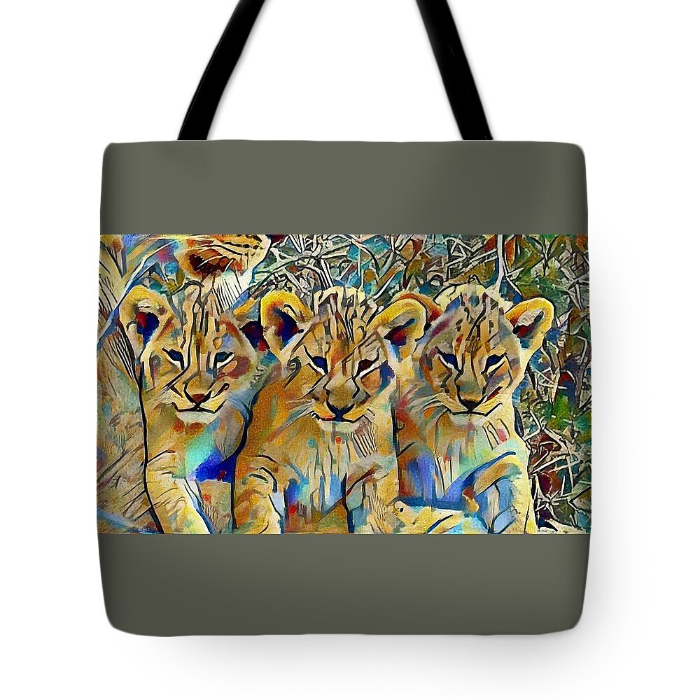 Lion Tote Bag featuring the photograph Lion cubs by Gini Moore
