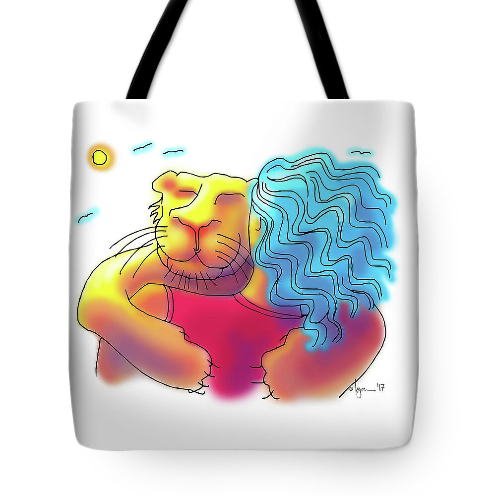 Dogs Tote Bag featuring the drawing Lion Hug by Angela Treat Lyon