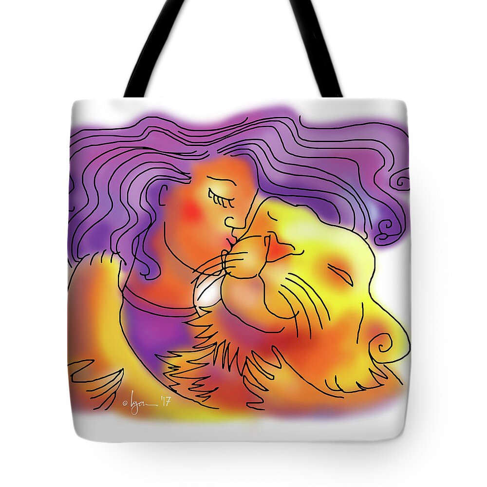 Dogs Tote Bag featuring the drawing Lion Kiss by Angela Treat Lyon