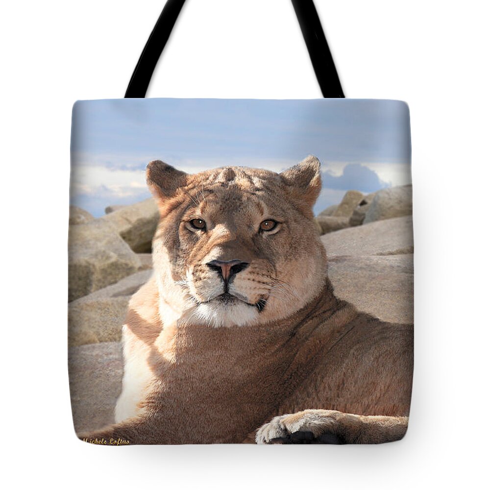 Female Tote Bag featuring the photograph Lion by Michele A Loftus