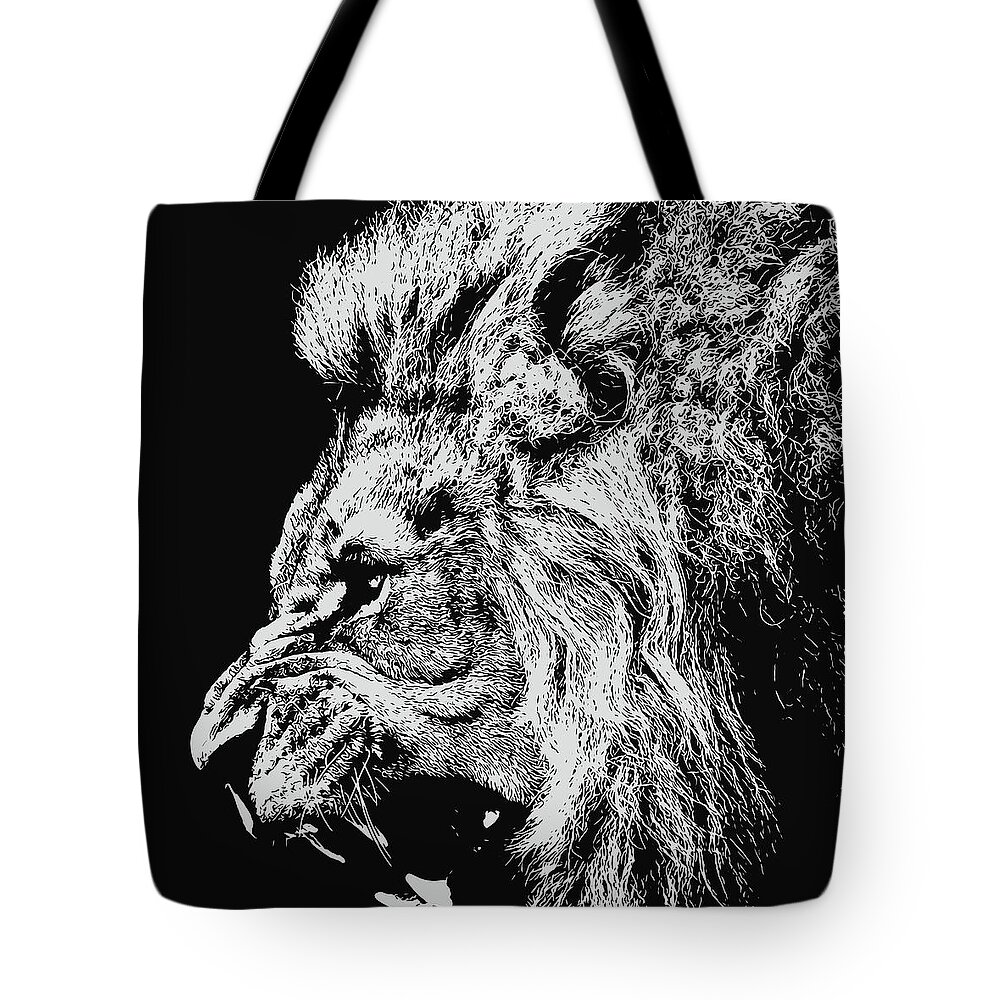 Lion King Tote Bag featuring the painting Lion Roaring - Monochrome Portrait by AM FineArtPrints