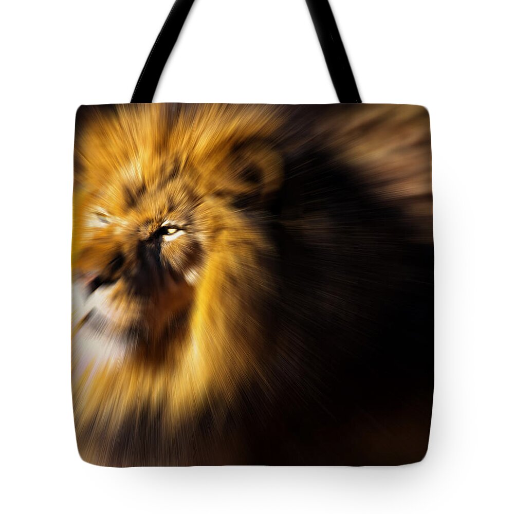 Lion Tote Bag featuring the digital art Lion The King is Comming by Flees Photos