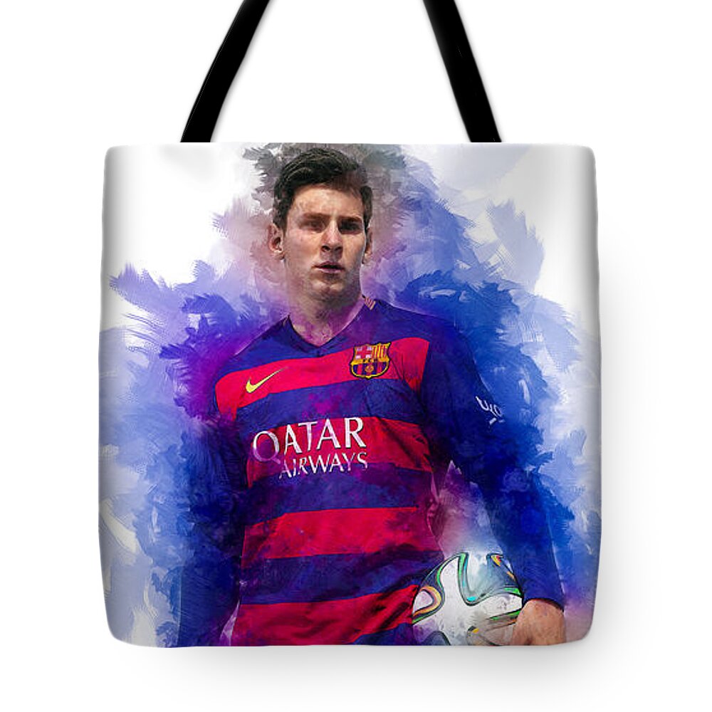 Football Tote Bag featuring the digital art Lionel Messi by Ian Mitchell