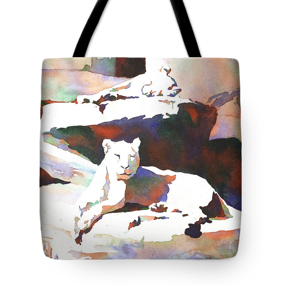 Art For House Tote Bag featuring the painting Lionesses at zoo by Ryan Fox