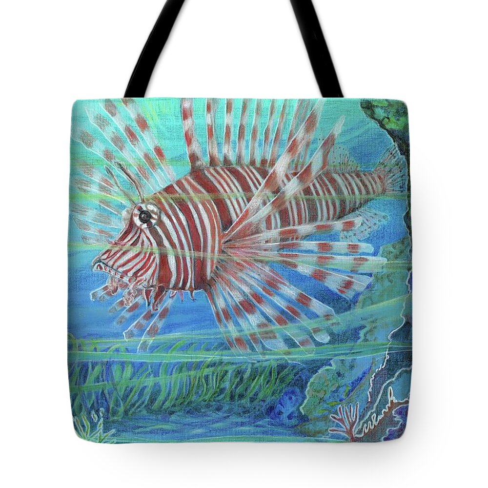 Ocean Tote Bag featuring the painting Lionfish Blues by Amelia Stephenson at Ameliaworks